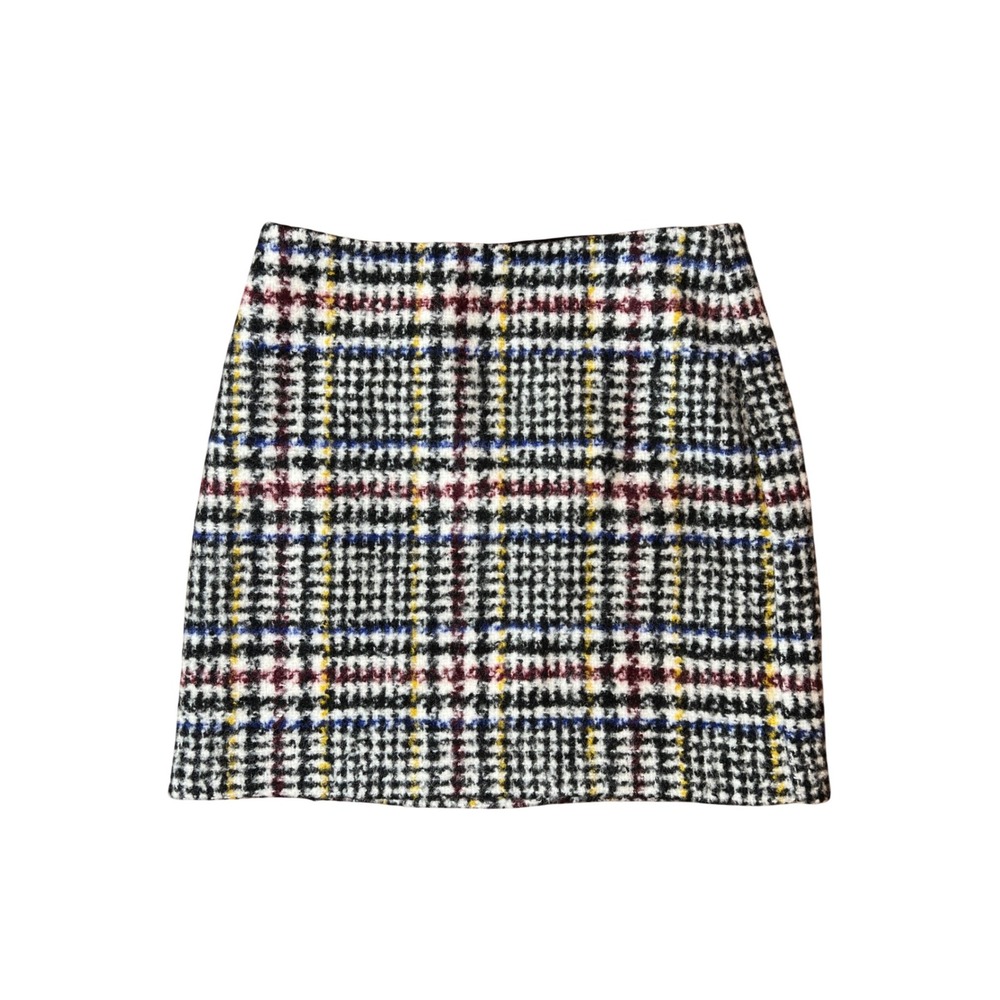 KOOKAÏ Plaid Mini‎ Skirt Wool Blend Size 36 Black White Red Blue Yellow Textured